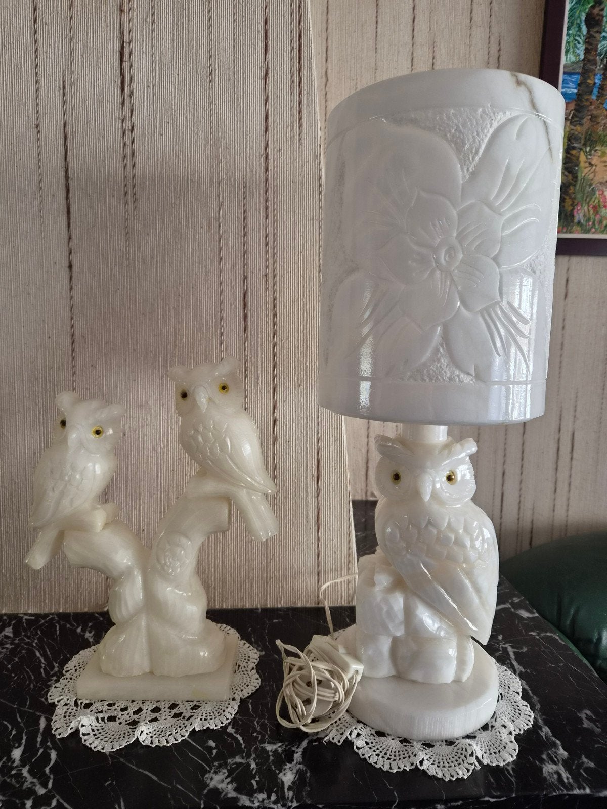 Rare Ensemble Luminaire & Statuette Hiboux Albâtre Véritable, Wit, Ophalen, Nachtlamp, Vintage