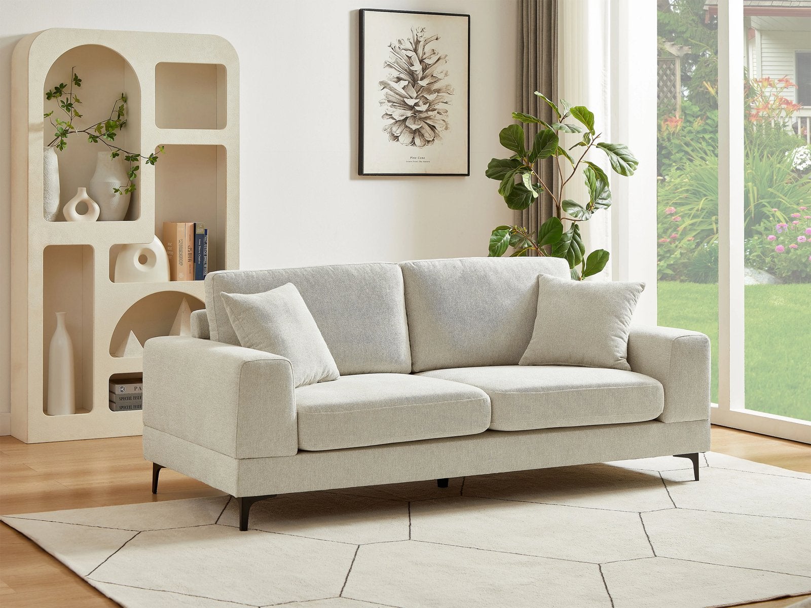 Beige tweezitsbank - 198cm - Amper gebruikt - Wasbare hoes, Ophalen, Zo goed als nieuw, Hout