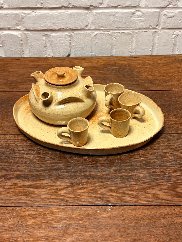 Vintage handgemaakt keramiek theeservies, Overige materialen, Gebruikt, Met deksel, Pot, Bus of Blik