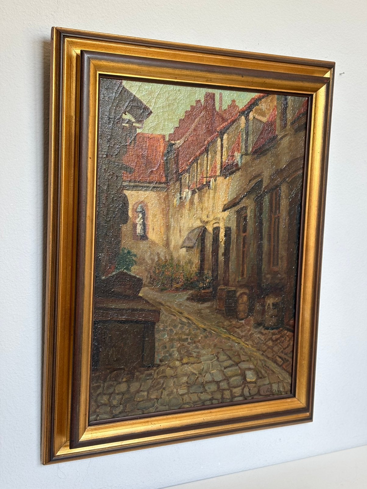 ⁠Olieverfschilderij K. Van Camp in goudlijst (53x68 cm)⁠, Antiek en Kunst, Ophalen of Verzenden