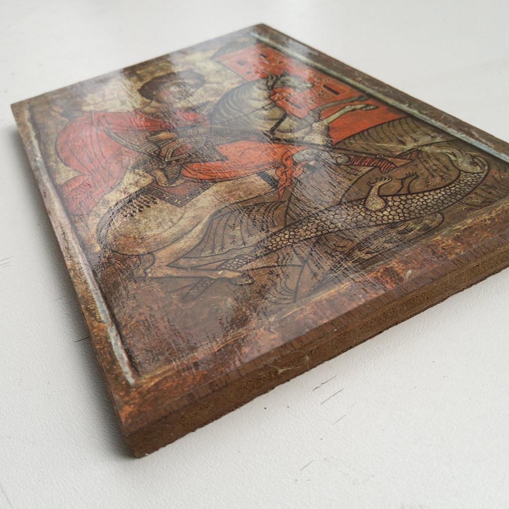 Sint- Joris. Afbeelding van icoon op houten achtergrond., Antiek en Kunst, Antiek | Religieuze voorwerpen, Ophalen of Verzenden