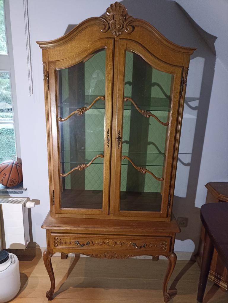 Eiken vitrinekast met groen getint glas., Huis en Inrichting, Kasten | Vitrinekasten, Ophalen, Glas