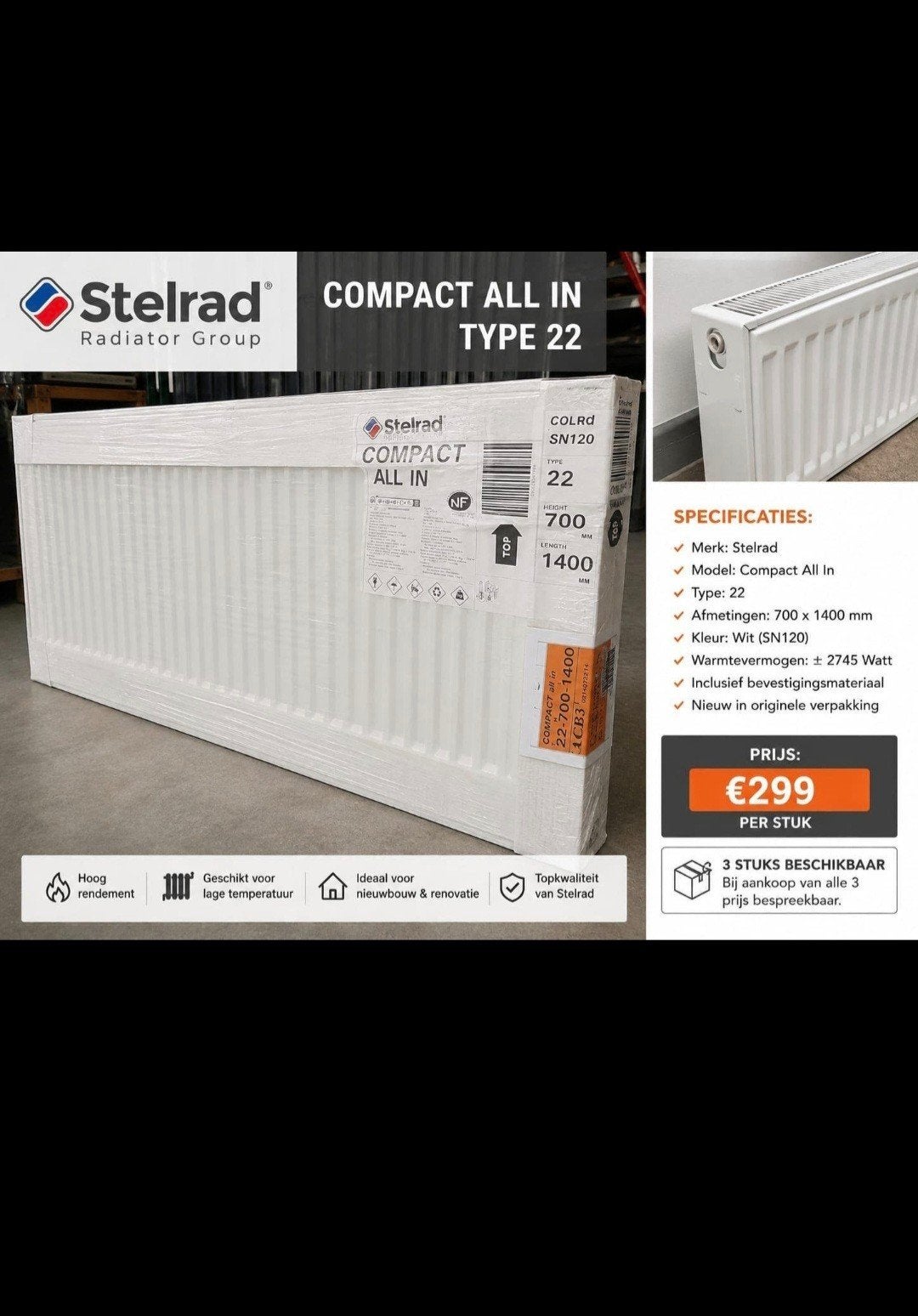 3 Nieuwe Radiatoren, Doe-het-zelf en Bouw, Verwarming en Radiatoren, Ophalen, 30 tot 80 cm, Radiator, Nieuw