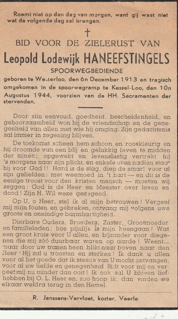 Oorlogsslachtoffer spoorwegramp  Leopold Haneefstingels, Verzamelen, Bidprentjes en Rouwkaarten, Verzenden