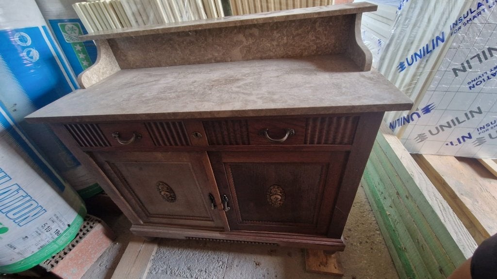 Eiken dressoir met marmer en hoge kast met spiegel, Ophalen, Gebruikt, Eikenhout, Met klep(pen)