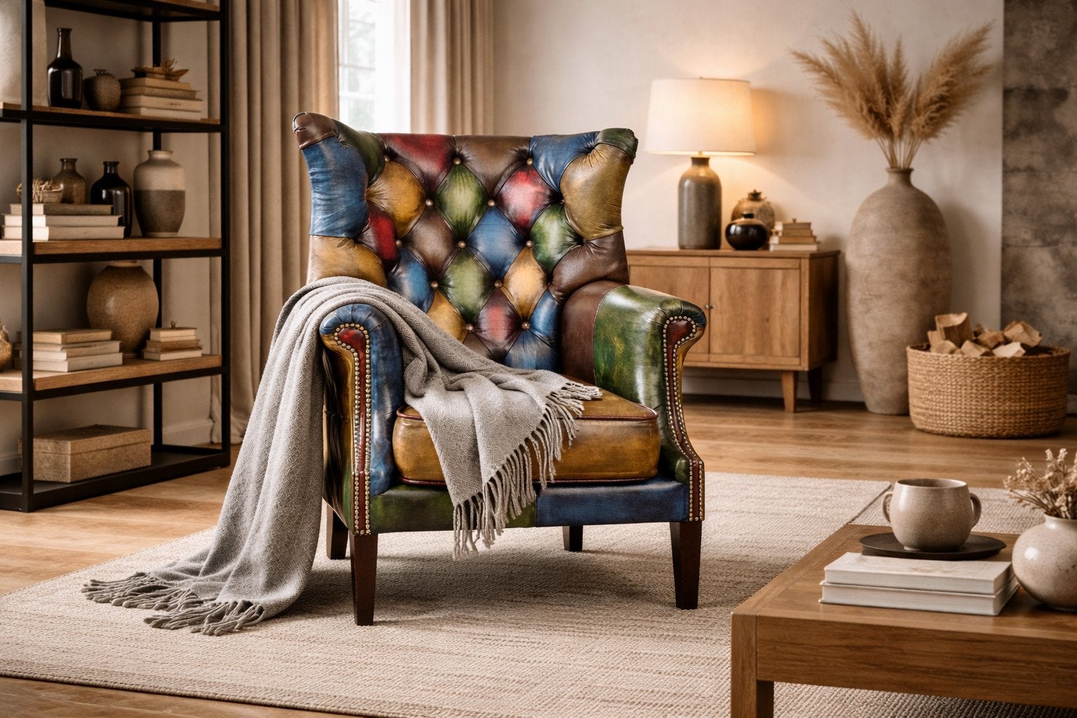 CHESTERFIELD HARLEQUIN PATCHWORK MULTICOLOR FAUTEUIL LEER, Huis en Inrichting, Fauteuils, Ophalen of Verzenden, Nieuw
