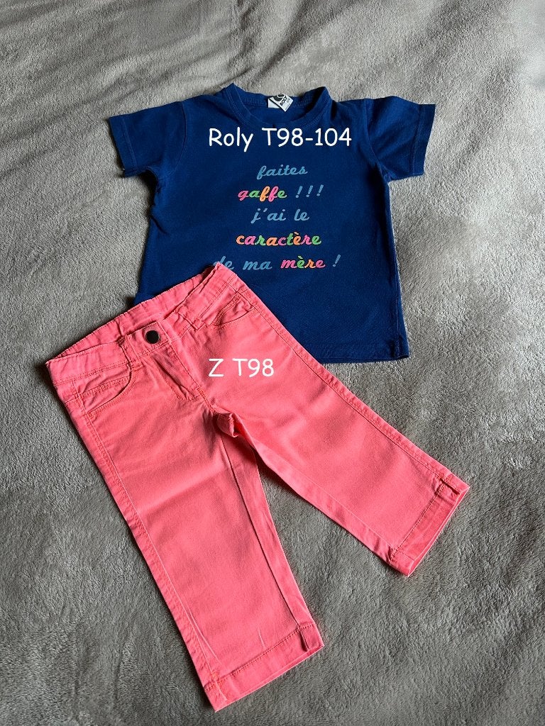 Koraalbroek Z 3/4 + Roly elektrisch blauw t-shirt T98, Kinderen en Baby's, Kinderkleding | Maat 98, Ophalen of Verzenden, Gebruikt