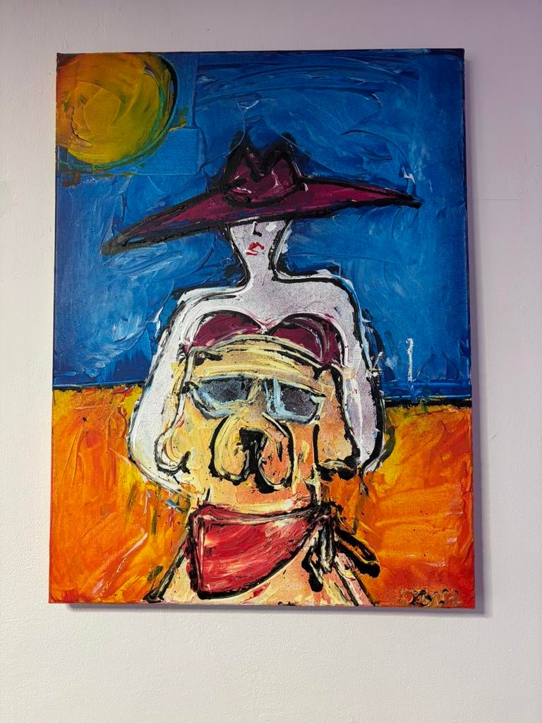 Vrouw met hoed en hond - Kleurrijk schilderij, Antiek en Kunst, Ophalen of Verzenden