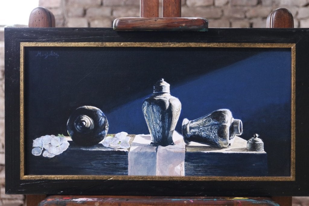 Stilleven drie tinnen theebusjes – Marjolein van den Berg, Antiquités & Art, Textile, Signé, Peinture acrylique, Enlèvement