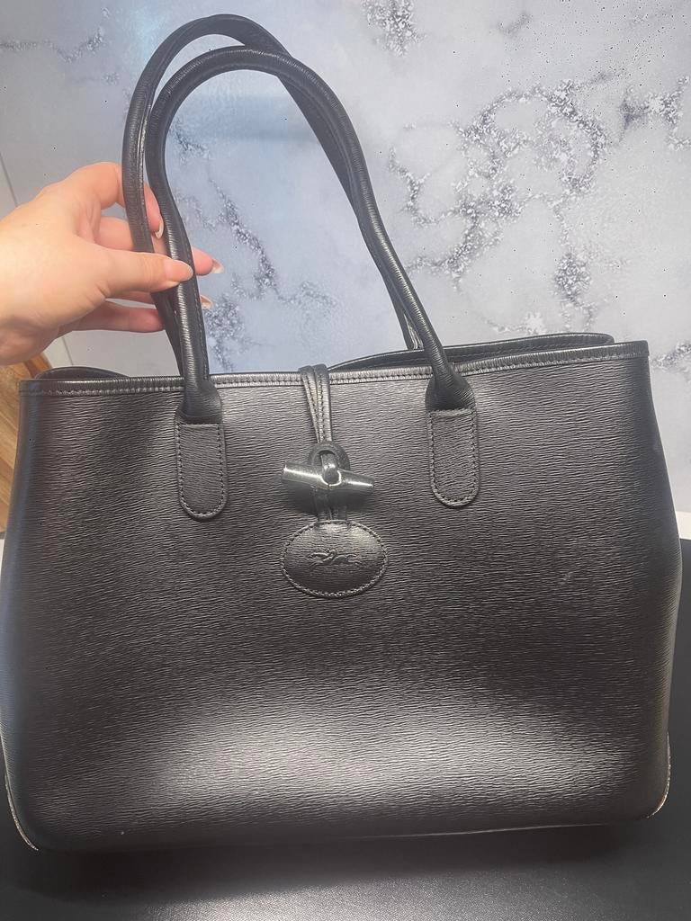 Longchamp Roseau leren handtas – zwart – zo goed als nieuw, Enlèvement, Comme neuf, Noir, Sac à main