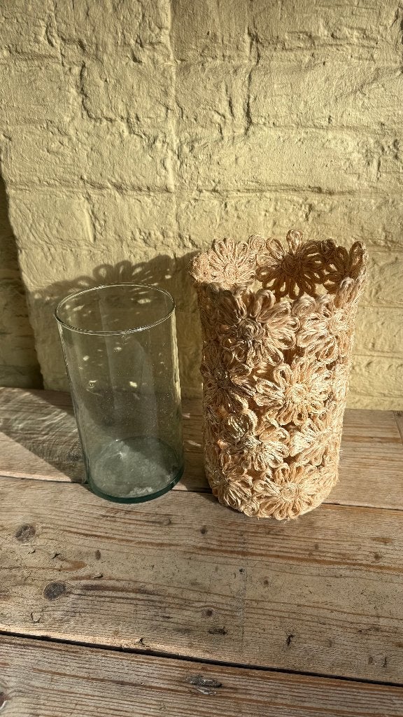 Vase en verre et cache-vase tressé, Maison & Meubles, Enlèvement, Comme neuf, Transparent, Verre
