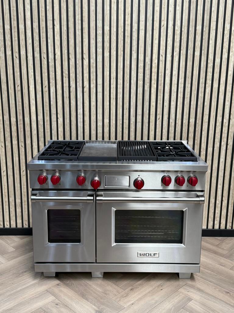 Prachtig Wolf Fornuis 121cm Inox Rode Knoppen Gas, Enlèvement ou Envoi, Plaque chauffante, 5 zones de cuisson ou plus, 60 cm ou plus