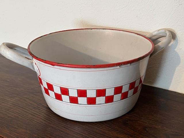 Oude geëmailleerde Franse kookpot wit rood motief, Antiek en Kunst, Ophalen