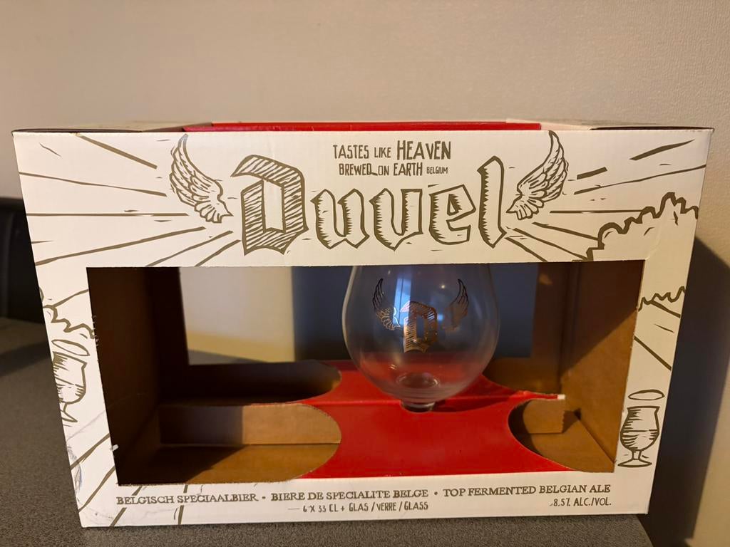 Duvel glas Golden Wings met box zonder flesjes, Ophalen of Verzenden, Zo goed als nieuw