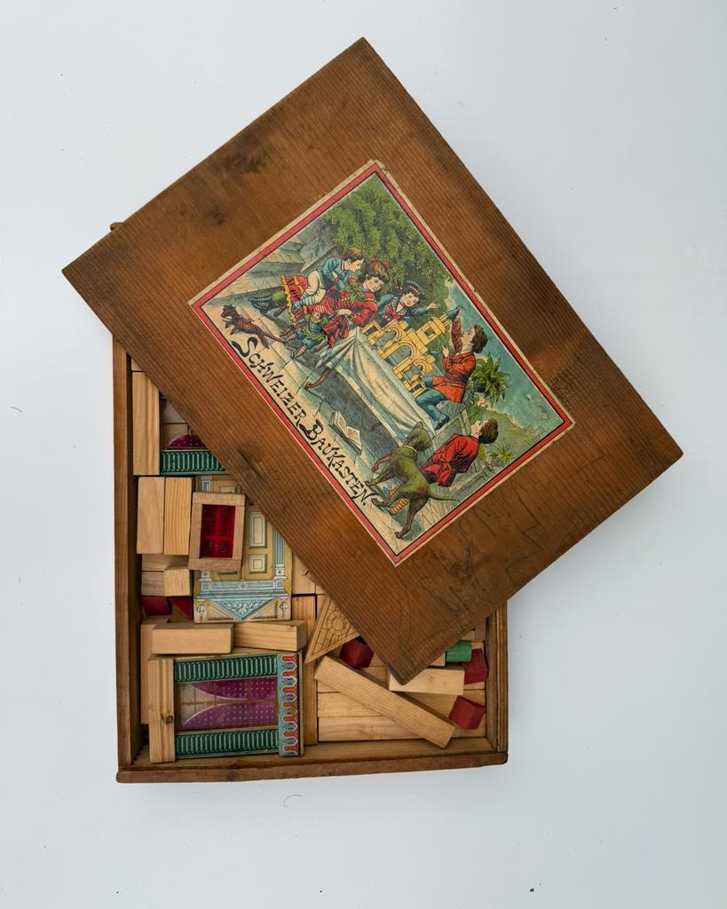 Antieke speelgoed bouwdoos met glas en hout, Ophalen