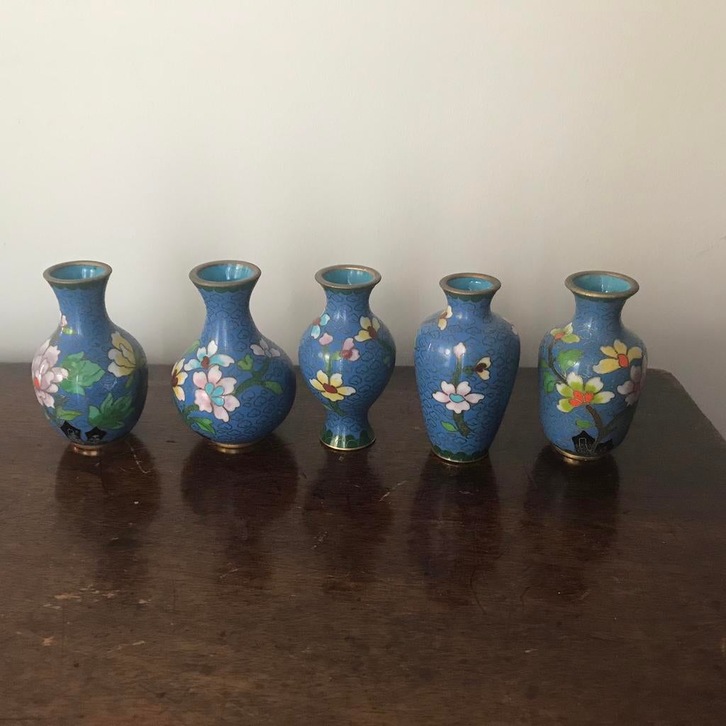 Setje cloisonne vaasjes, Ophalen of Verzenden