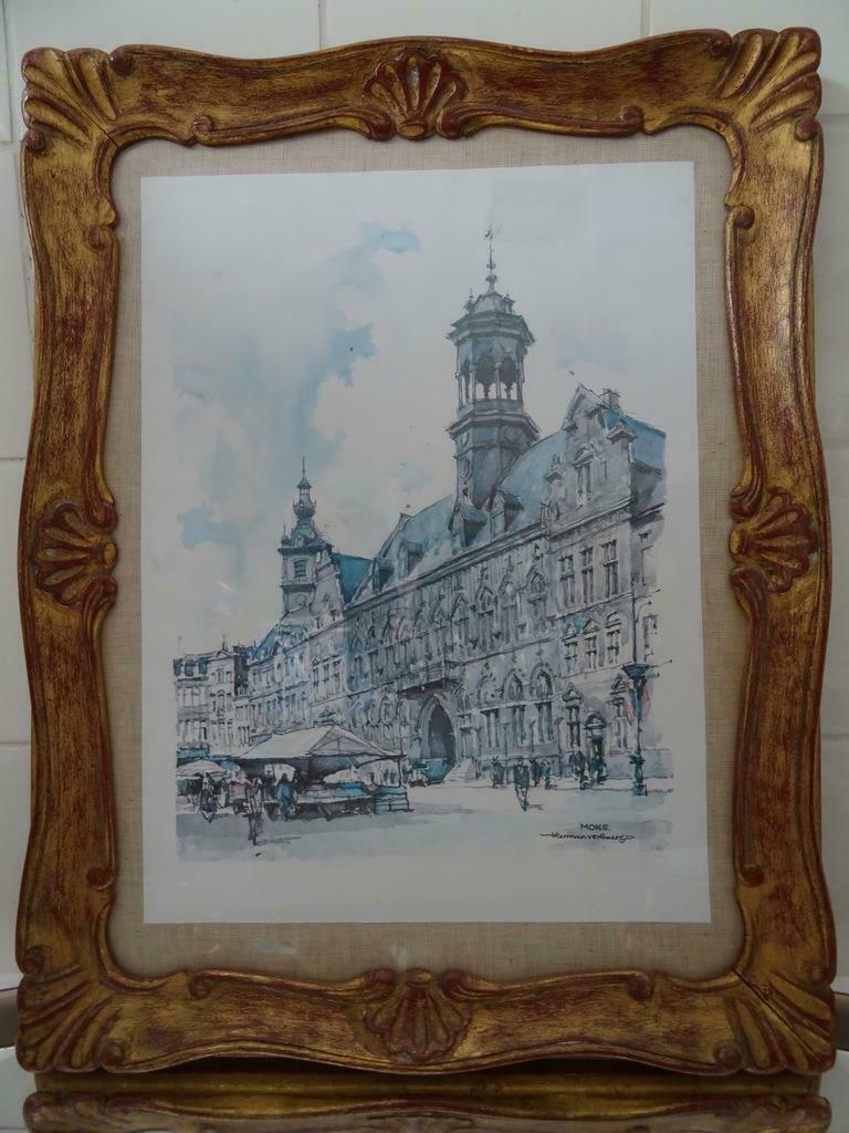 Cadre ancien Herman Verbaere Mons imprimé dans un cadre phén, Moins de 50 cm, Enlèvement ou Envoi, Comme neuf, Bois