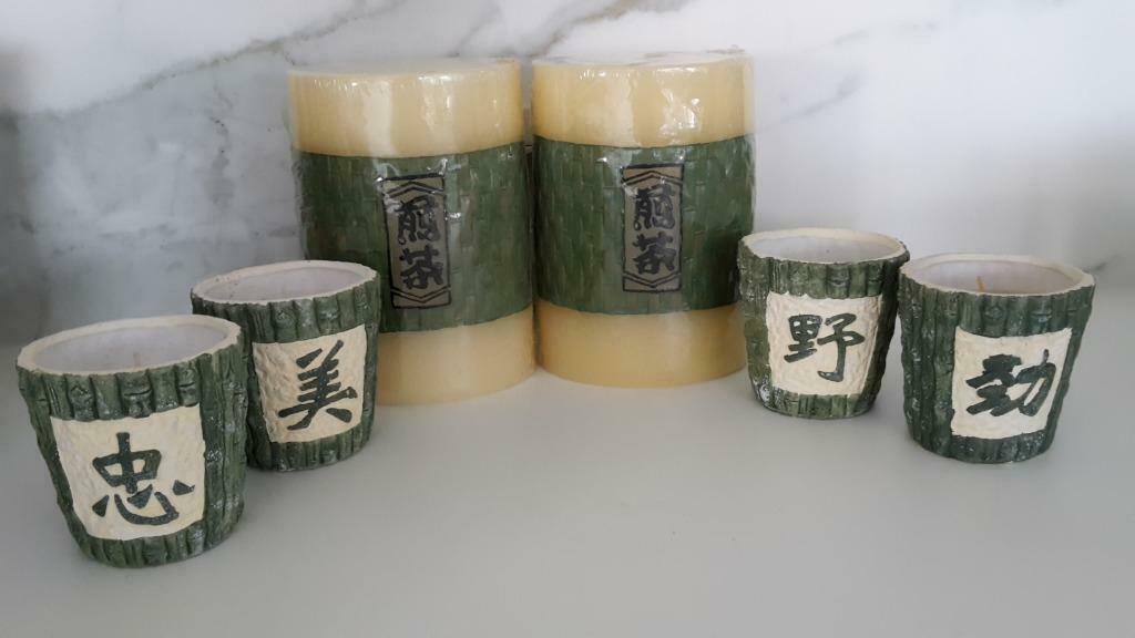set kaarsen, bamboe motief en Chinese tekens, Ophalen of Verzenden, Nieuw, Groen, Kaars