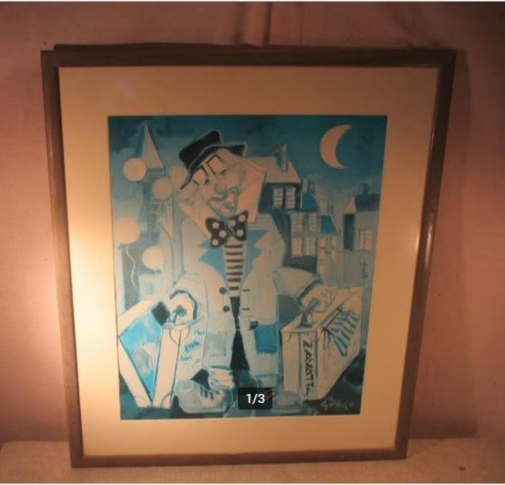 Belle œuvre d'art « Clown avec 2 valises de voyage » - Grese, Enlèvement ou Envoi, Comme neuf, Imprimé