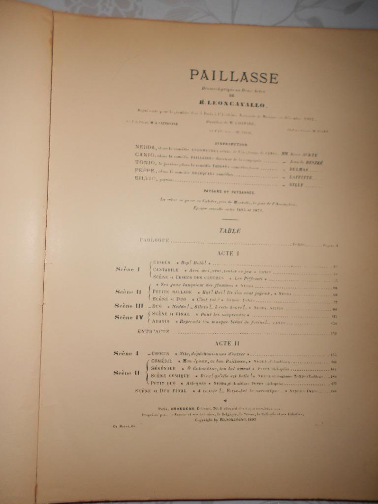 Ruggero Leoncavallo, "Paillasse" (drame-lyrique, réduction), Enlèvement ou Envoi, Artiste ou Compositeur, Chant, Classique