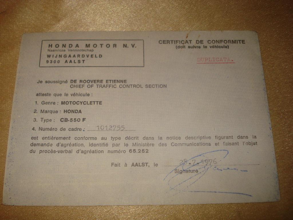 Ancien Certificat Conformité Moto Honda CB-550 F 1976, Enlèvement ou Envoi, Honda