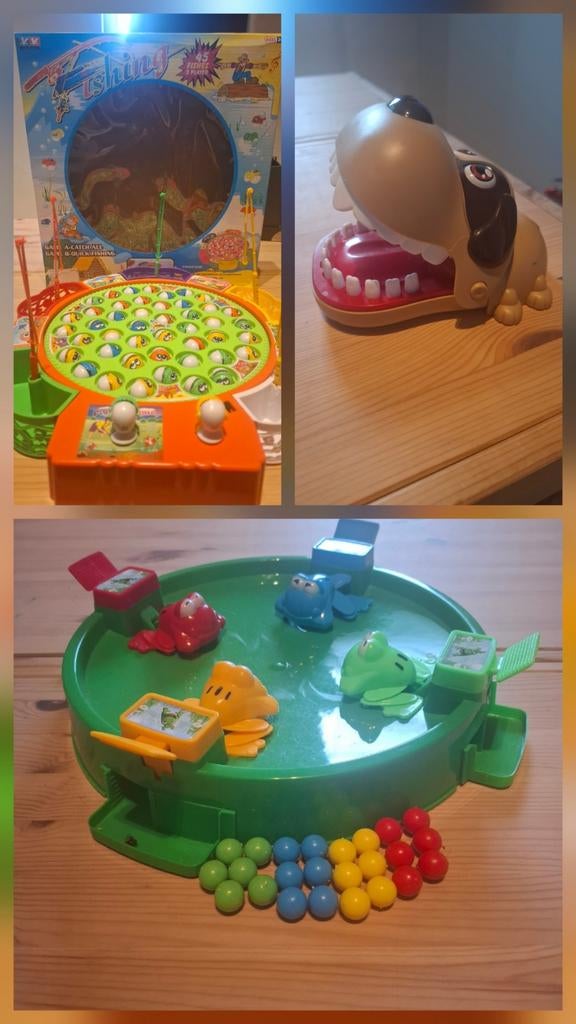 3 leuke spelletjes (kikkerspel, visspel & hondje bijtje), Kinderen en Baby's, Ophalen of Verzenden, Gebruikt