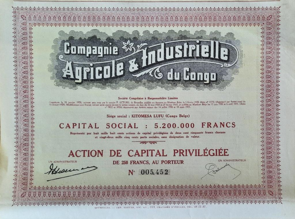 Compagnie Agricole & Industrielle du Congo - Kitomesa Lufu, Postzegels en Munten, Aandelen en Waardepapieren, Aandeel, 1920 tot 1950