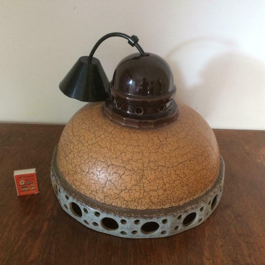 Jaren 70 keramiek grote kelk hanglamp bruin blauw grijs, Antiek en Kunst, Ophalen of Verzenden