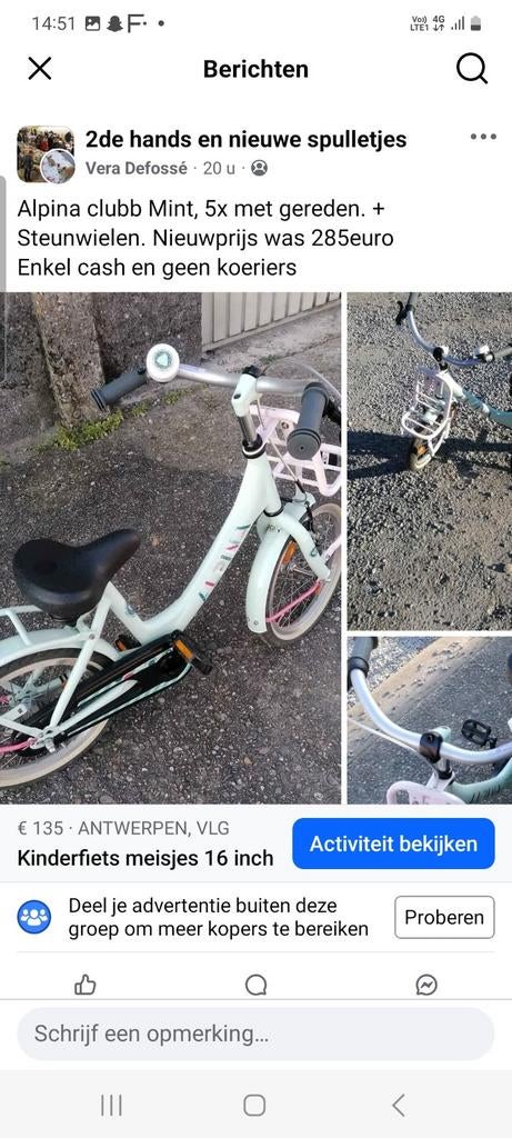 Alpina Clubb pastel Mint 16 inch ,met steunwieltjes, Fietsen en Brommers, Ophalen, Zo goed als nieuw, 16 inch, Alpina Clubb