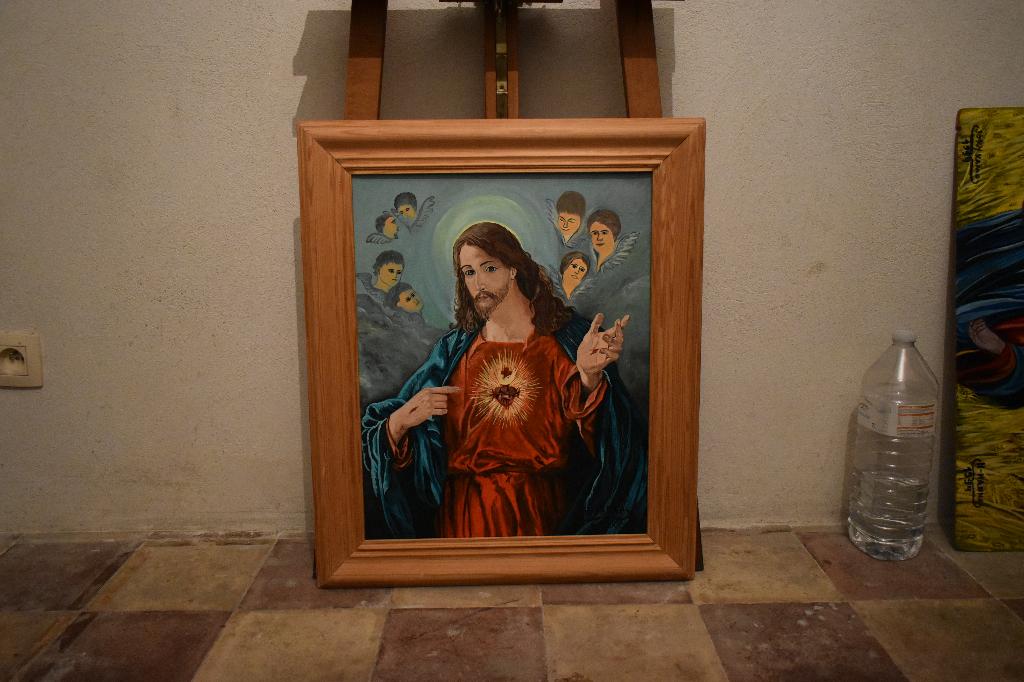 Schilderij  heilig hart van Jezus, gesigneerd Joky Kamo 2002, Ophalen