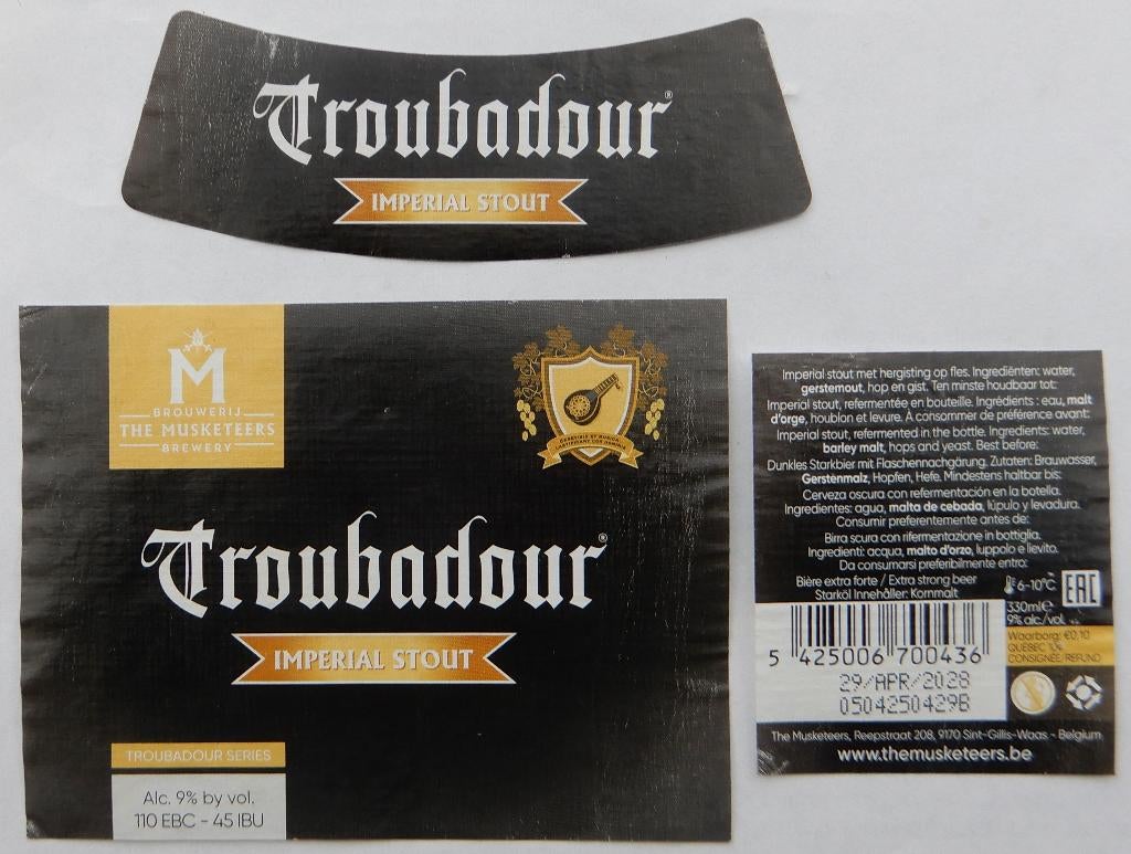 Bieretiket Troubadour Imperial stout The Musketeers (11z6), Verzamelen, Verzenden, Gebruikt