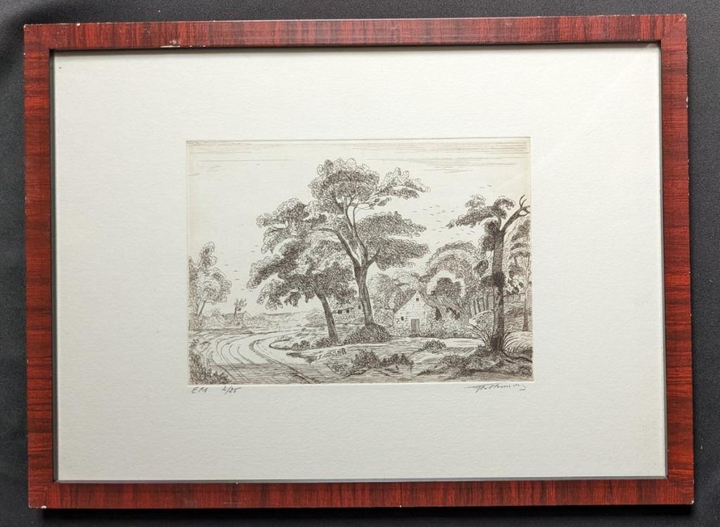 onleesbaar - ets - landschap met boerderijtje - ingekaderd, Antiek en Kunst, Ophalen of Verzenden