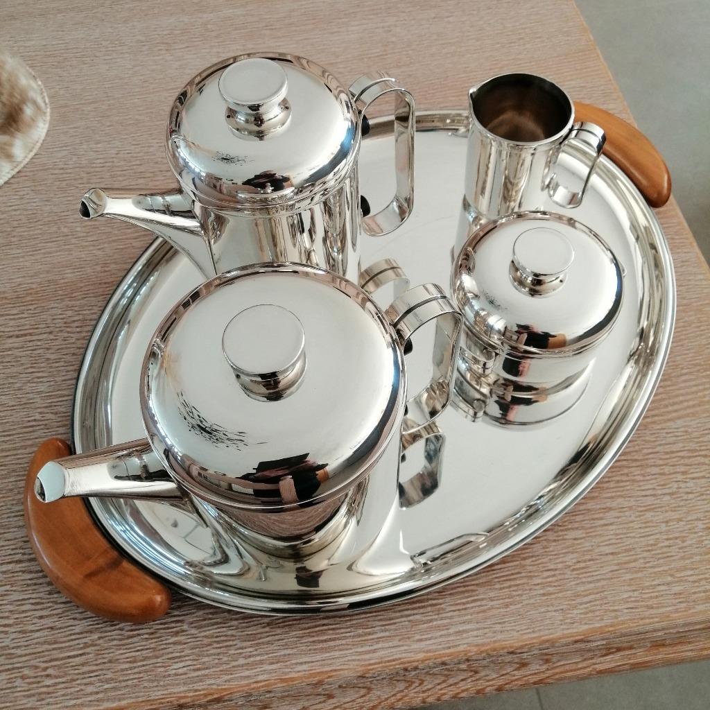 Design verzilverd koffie (thee) servies & bijhorende plateau, Antiquités & Art, Antiquités | Services (vaisselle) complet, Enlèvement