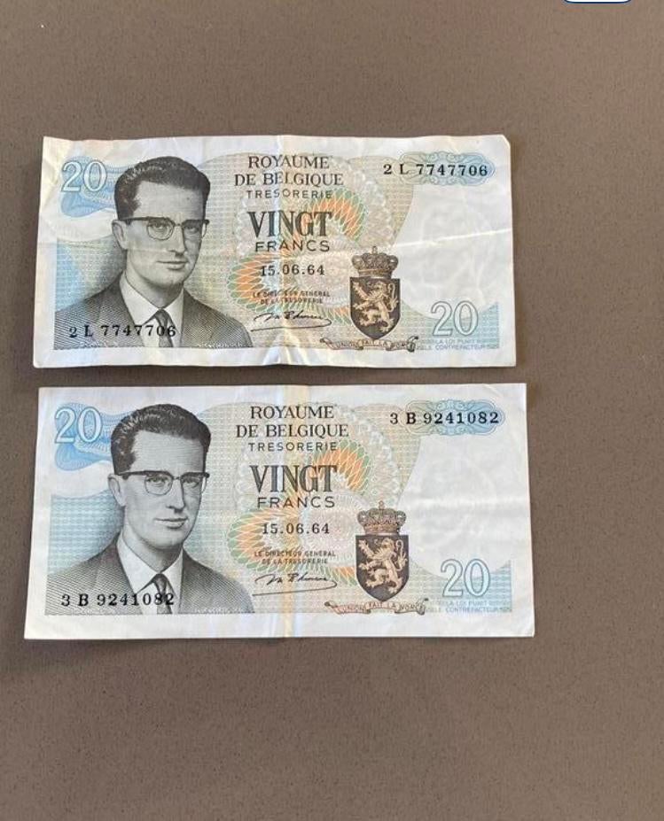2 biljetten 20 Belgische frank, Postzegels en Munten, Bankbiljetten | België, Ophalen, Los biljet