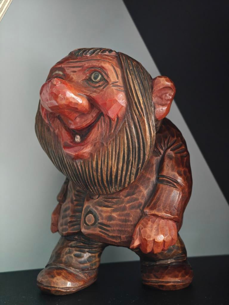 Vintage handgesneden houten trol Otto Sveen, Ophalen of Verzenden
