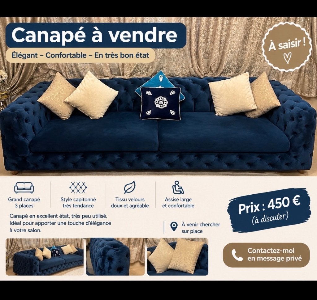 Canapé 2m50 + fauteuil coussin compris, 100 à 125 cm, Banc droit, Contemporain très élégant et confortable velours, Comme neuf