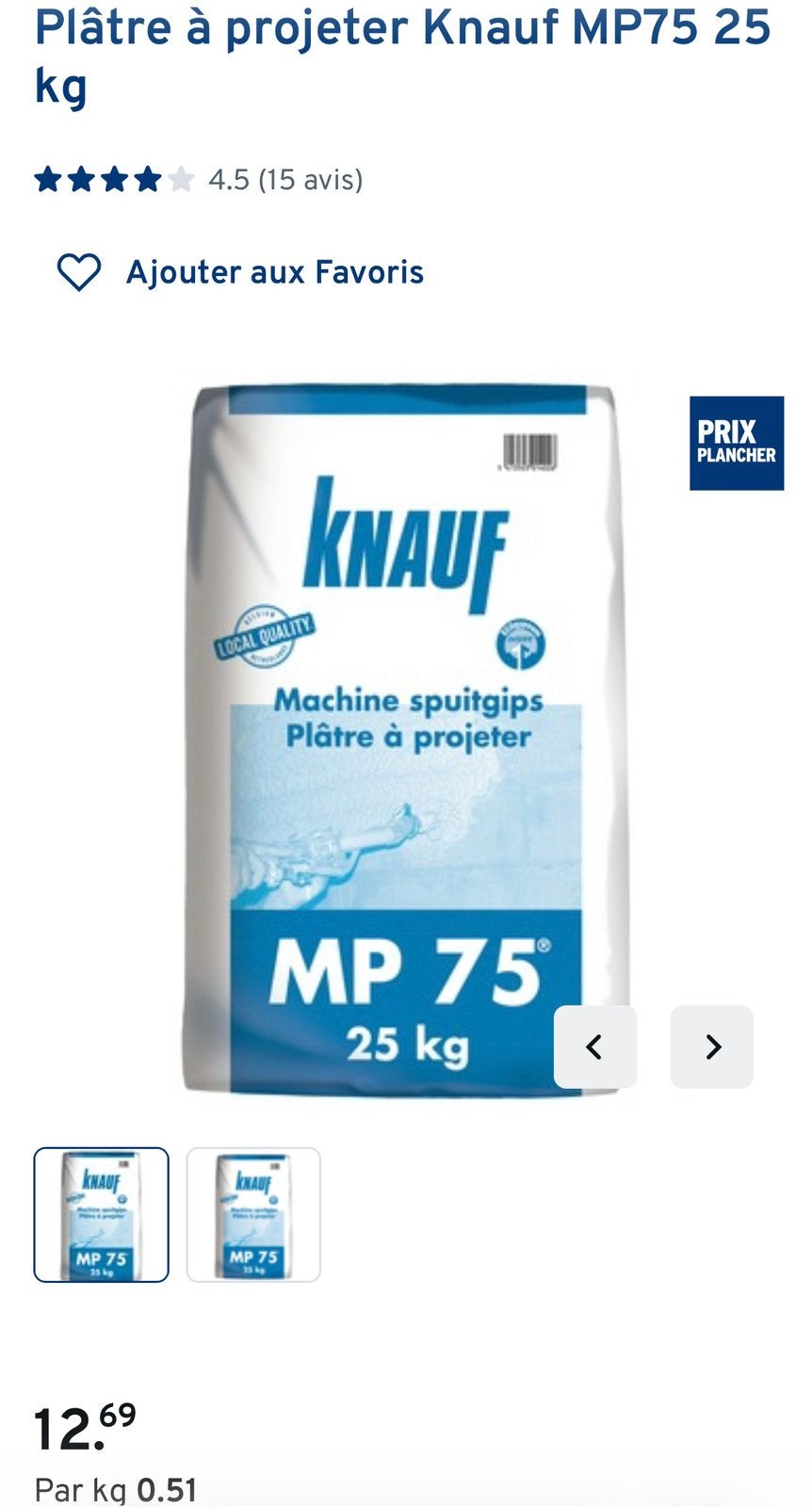 Platre Knauf MP75 25 kg, Bricolage & Construction, Enlèvement, Comme neuf