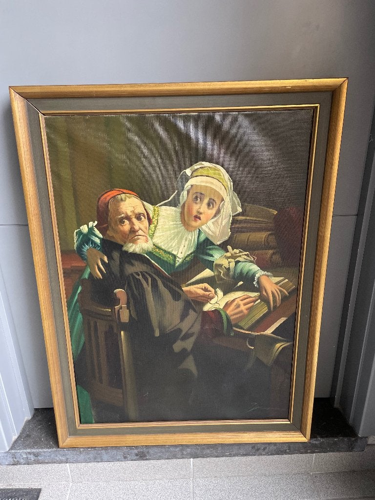 20e-eeuwse decoratief olieverfschilderij: oude man en vrouw, Ophalen