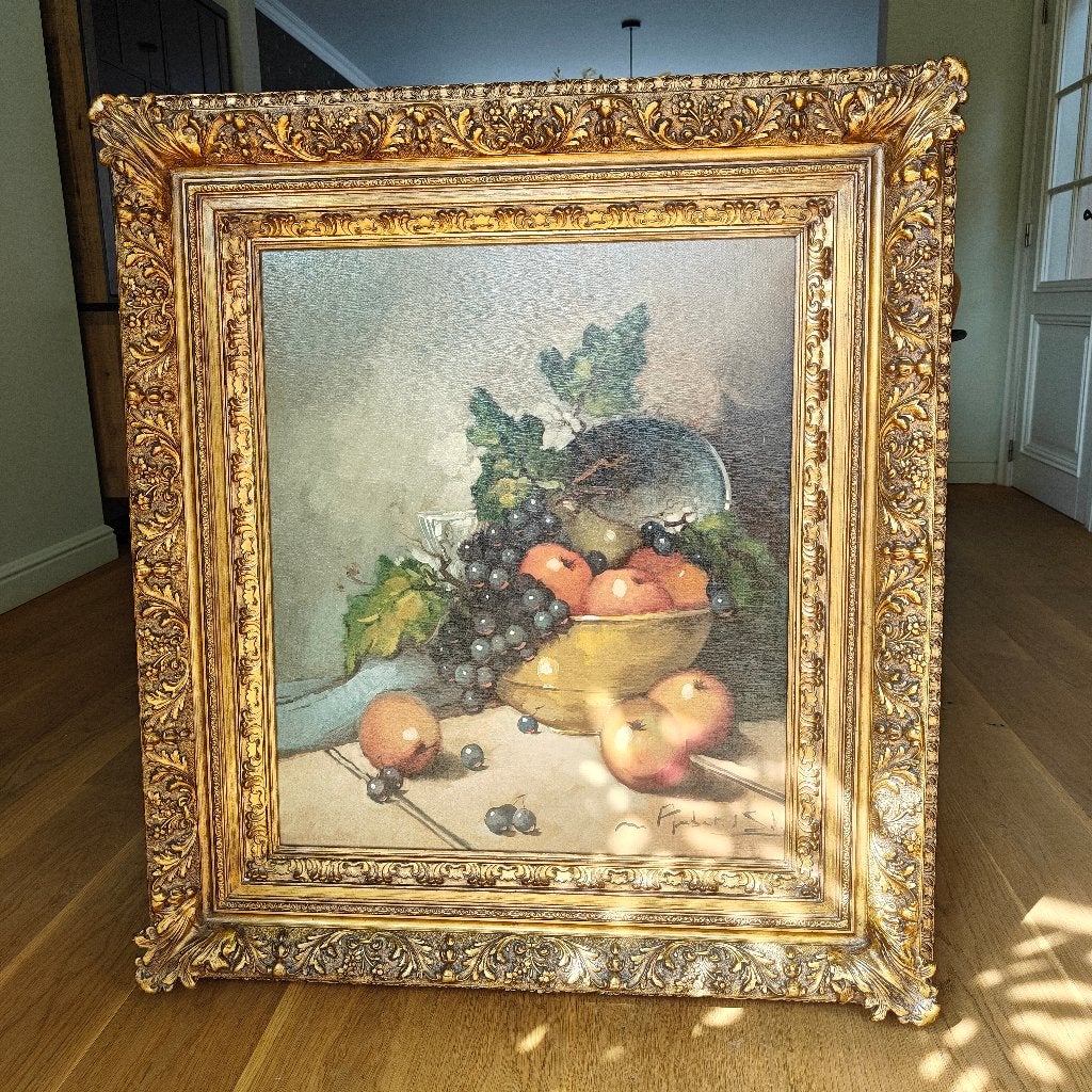 Stilleven met fruit in een vergulde lijst 108cm, Antiek en Kunst, Kunst | Schilderijen | Klassiek, Ophalen, Doek, Stilleven, Bijzondere lijst
