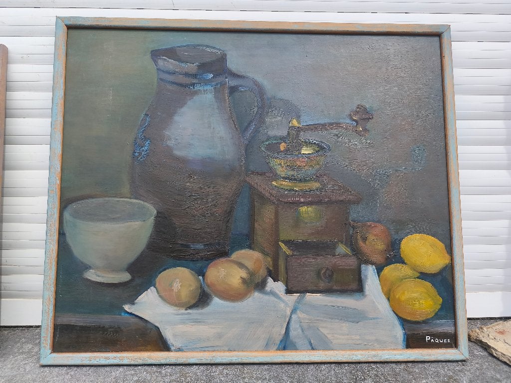Huile sur panneau nature morte signe paques, Antiquités & Art, Enlèvement ou Envoi, Nature morte, Panneau