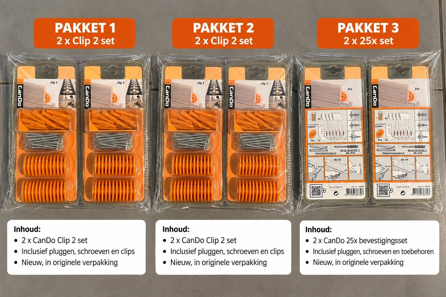 CanDo Plintclip 2 oranje – 3 verpakkingen – 75 stuks – nieuw, Ophalen of Verzenden, Zo goed als nieuw