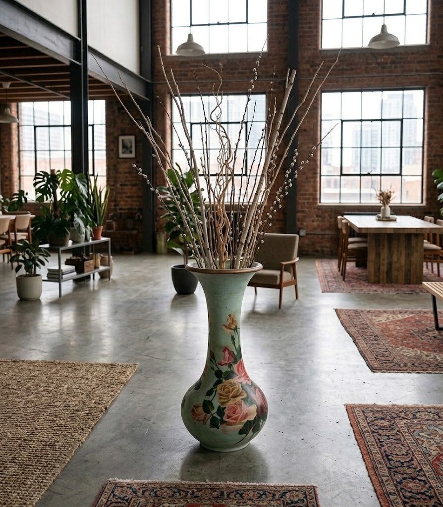 Vase de sol vintage en céramique, roses peintes à la main, Enlèvement ou Envoi