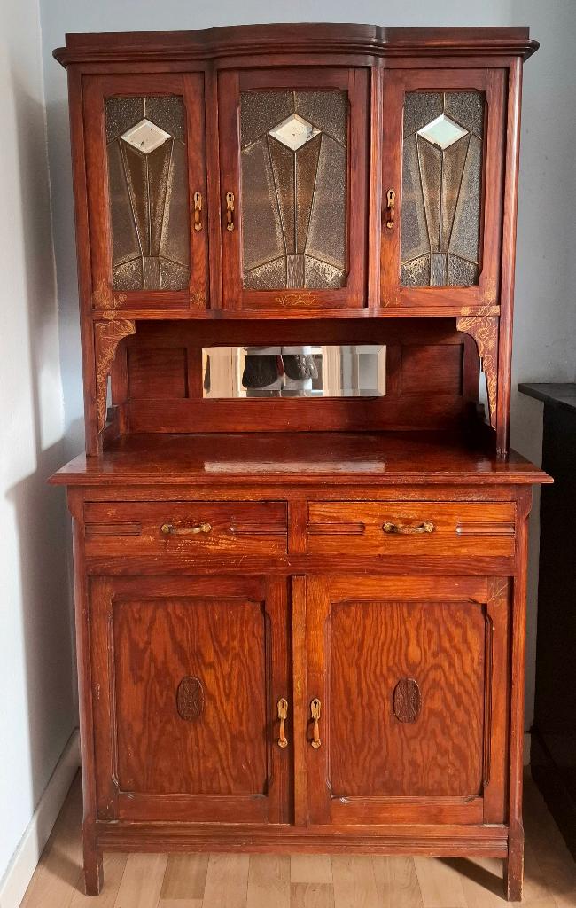 Armoire ancienne avec vitraux et miroir, Enlèvement, Utilisé, Avec tablette(s)