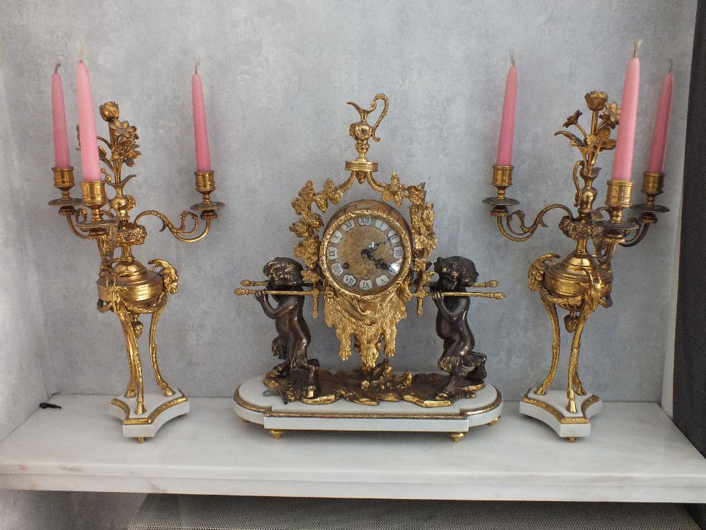 prachtige antieke franse schouwklok pendule + 2 kandelaars, Antiek en Kunst, Ophalen
