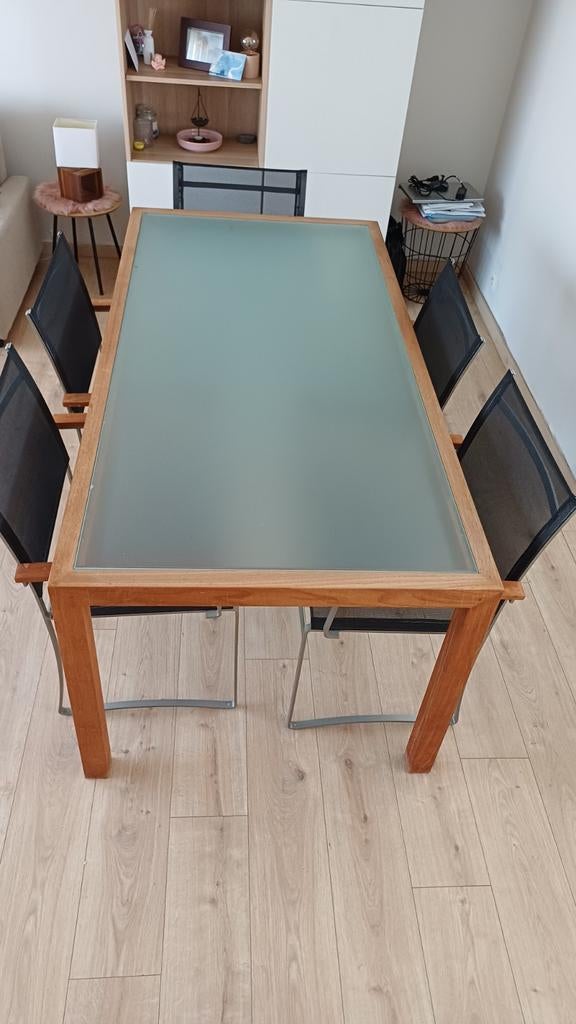 Teaktafel met glazen blad en 6 stoelen, Ophalen