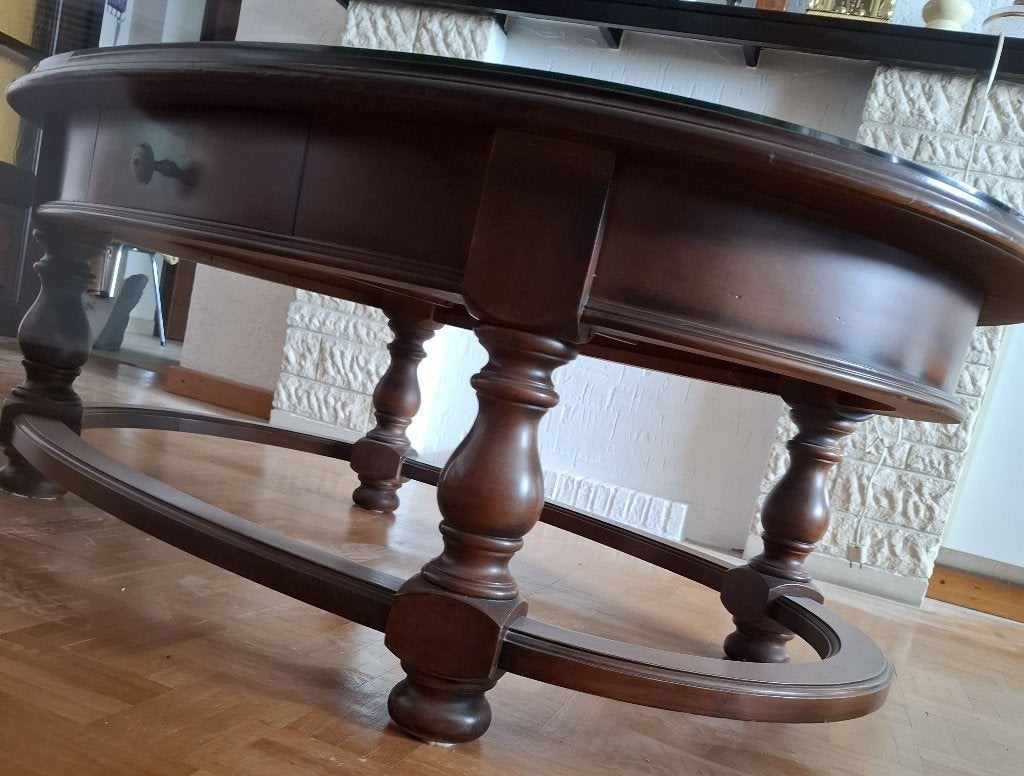 Ovalen houten salontafel met lade, Huis en Inrichting, Tafels | Salontafels, Zo goed als nieuw, 5 – 50, 50 tot 100 cm, 100 tot 150 cm