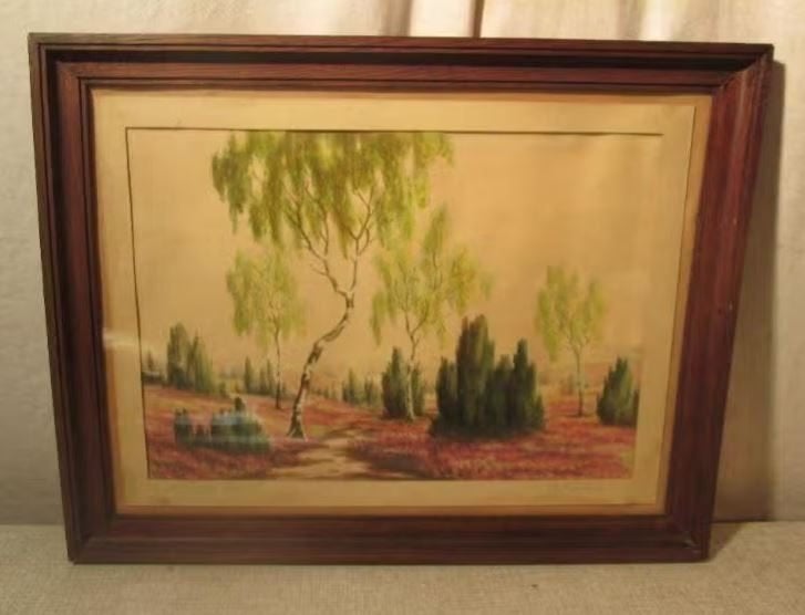 Mooi Oud Aquarel 'Bomen en Heide' - gesigneerd, Ophalen of Verzenden, Landschap, Aquarel, Gedateerd