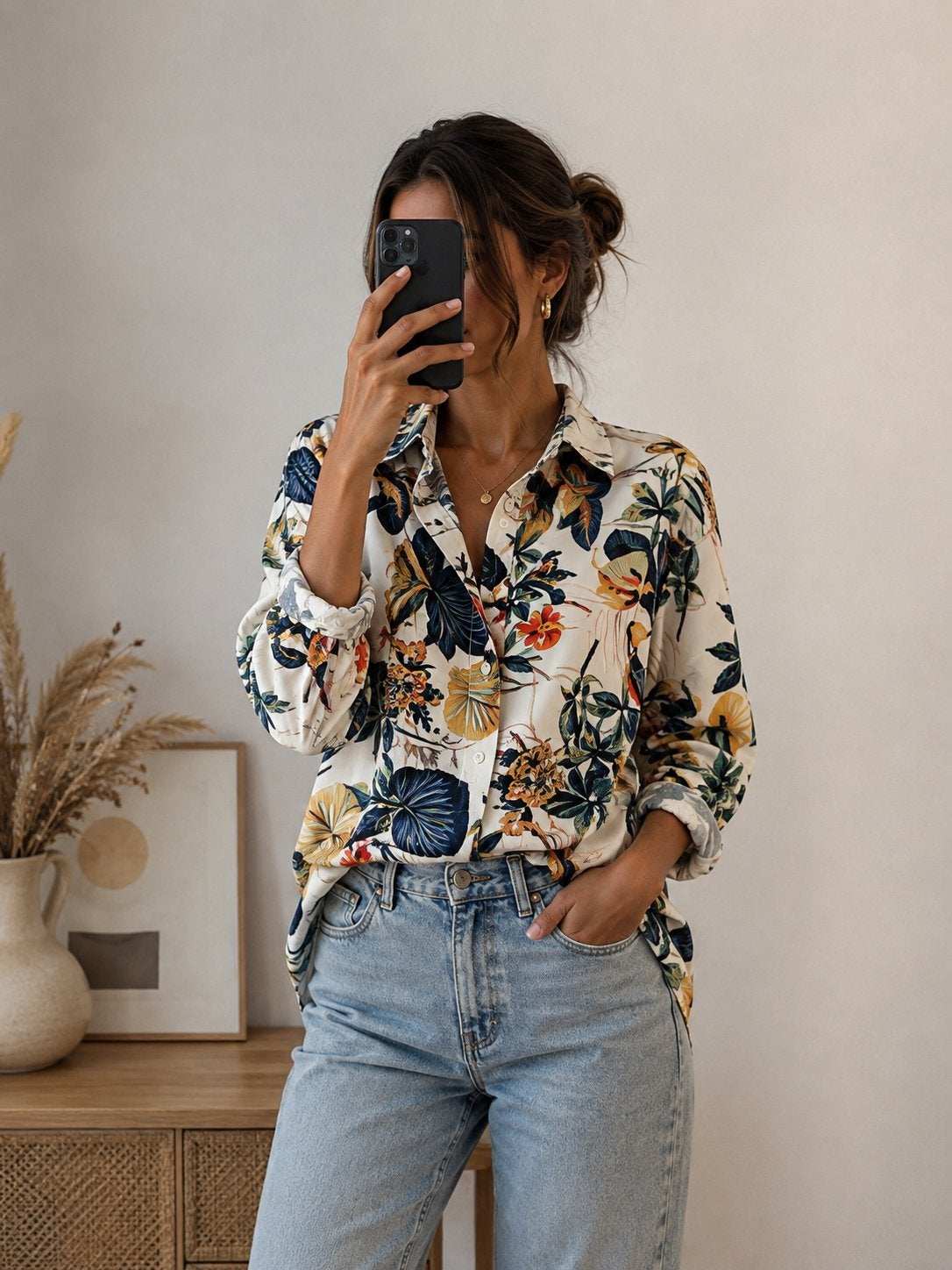Chemise fluide imprimée tropicale, Kleding | Dames, Blouses en Tunieken, Verzenden, Zo goed als nieuw, Maat 42/44 (L), Meerkleurig