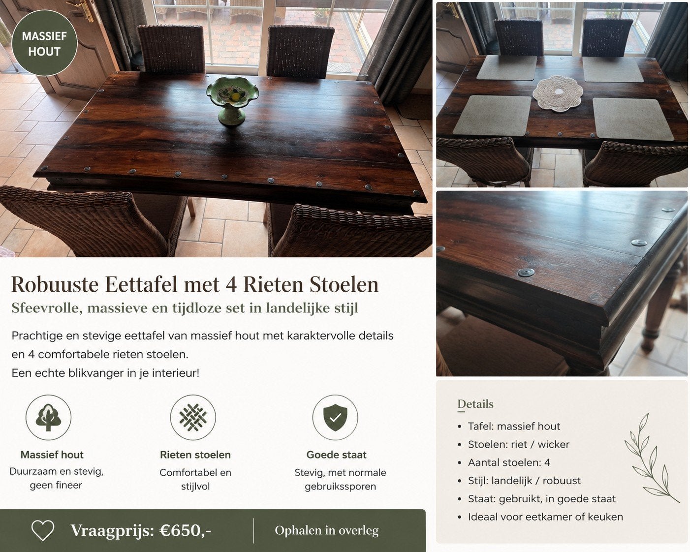Massief eiken tafel met 4 rieten stoelen, Huis en Inrichting, Ophalen