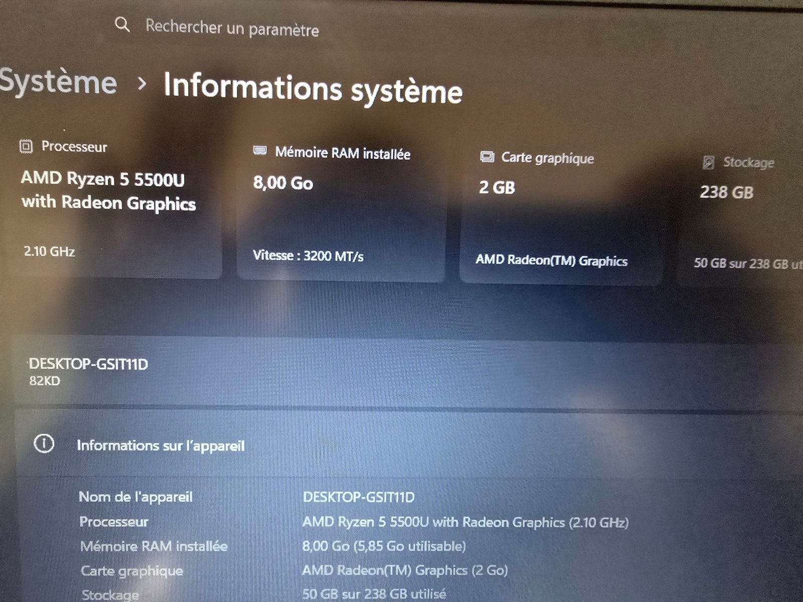 Pc portable Lenovo Ryzen 5 (8g Ram -256g ssd), 256 GB, 8 GB, Comme neuf, SSD